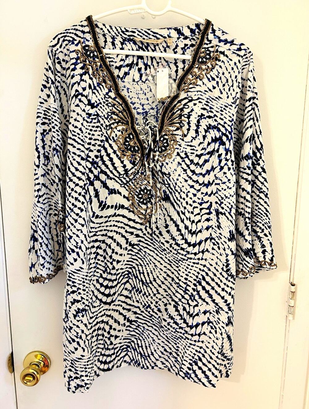Soft Surroundings 1X Tunic Blouse V-Neck Beaded Embroidered 100% Rayon New w/ ta